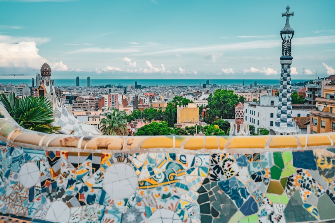 Barcelona seen from the mosaic terrace of Park Güell